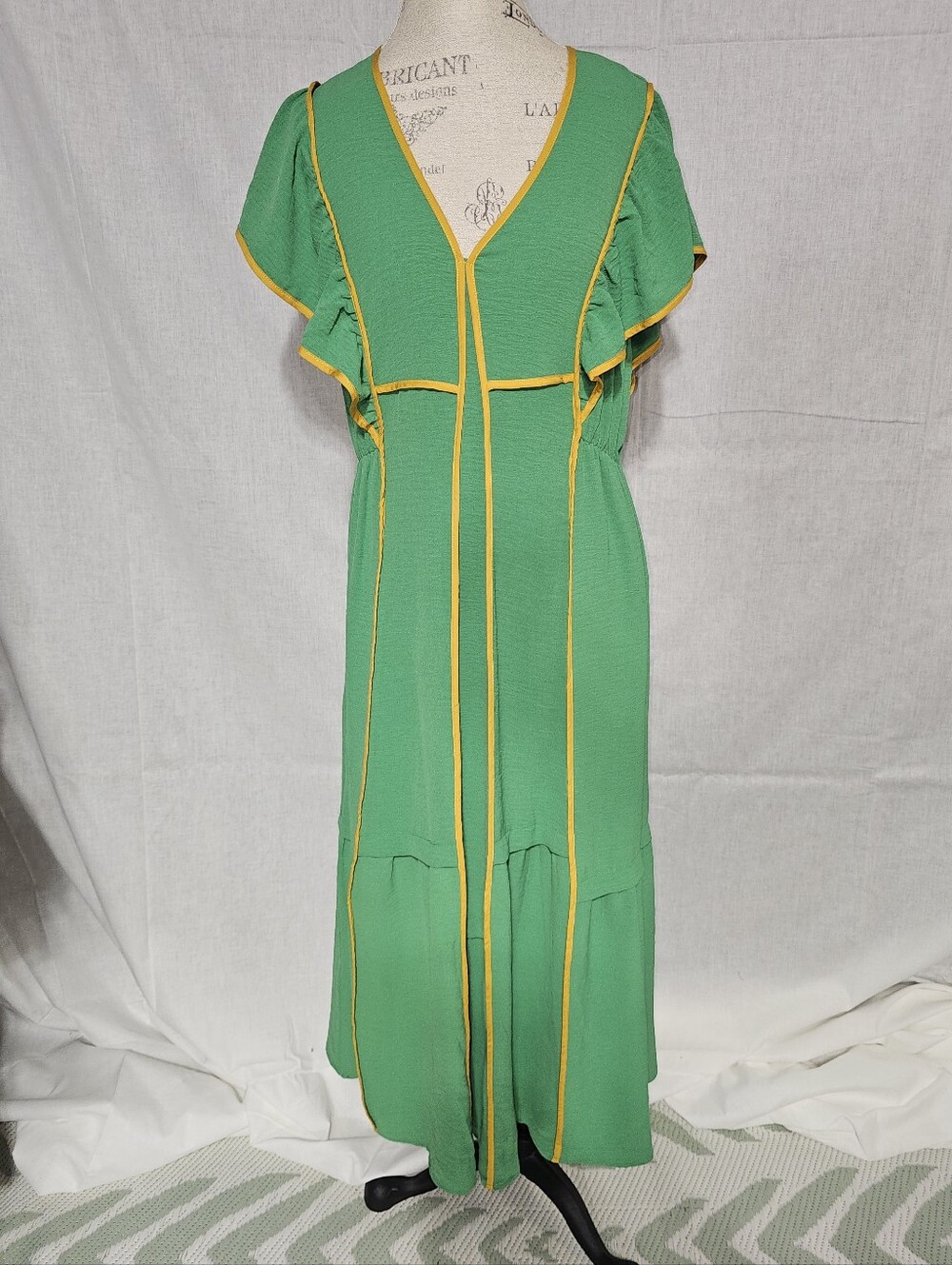 Green Flutter-Sleeve V-Neck Maxi Dress with Yellow Trim